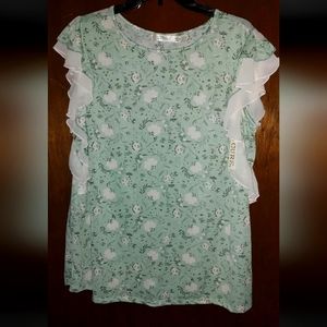 Cure. Women's Blouse, 1XL, NWT, Green, White Floral Print, Cap Sleeve Ruffle